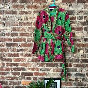 Green and Pink Geometric Blazer with Wrap Style
